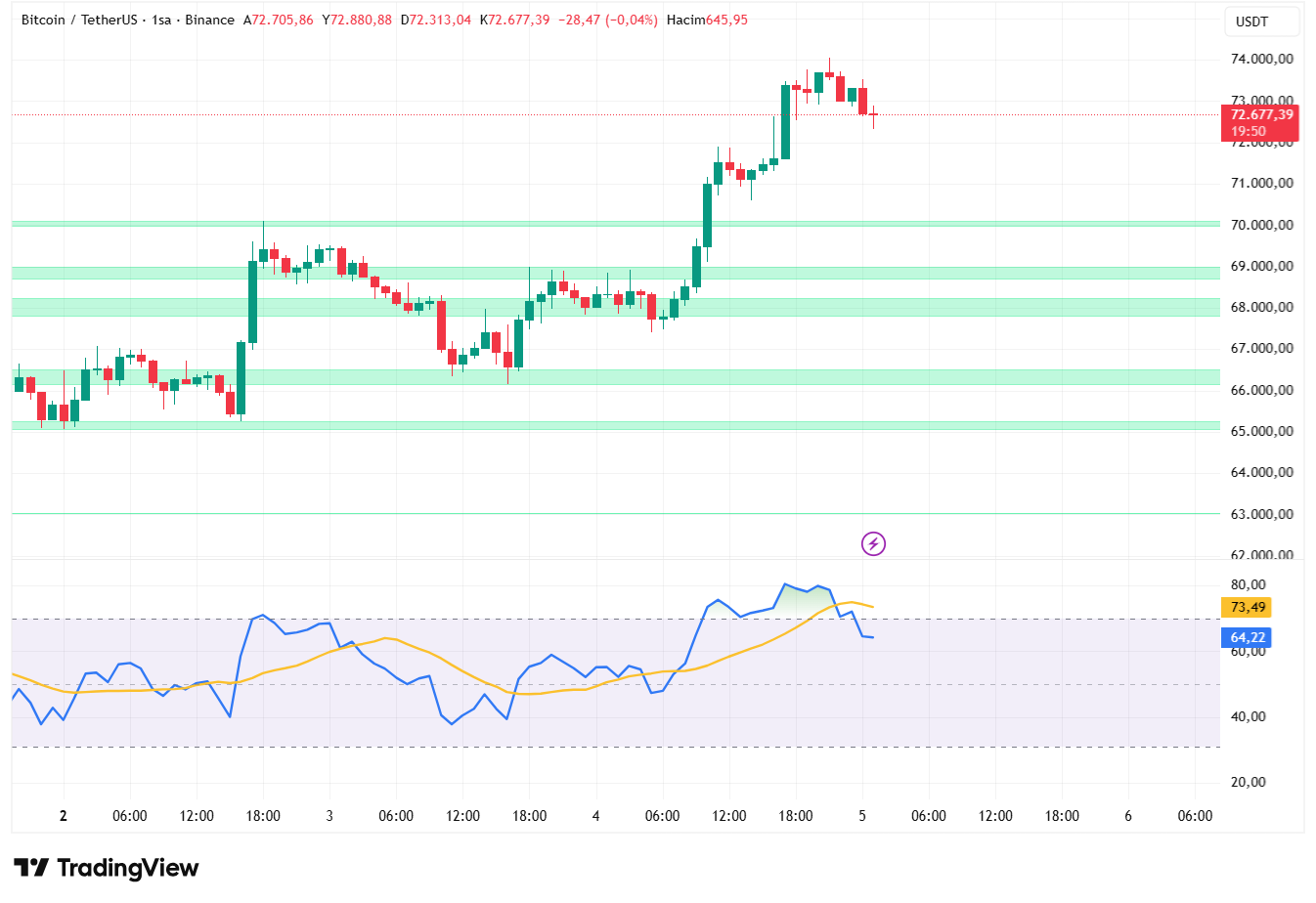 Bitcoin 1 saatlik grafik fiyat hareketi ve RSI